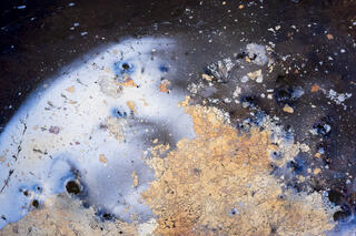 coloured bio oils in the shape of a fractured planet lying on the surface of a pool of water in Zion National Park, Utah