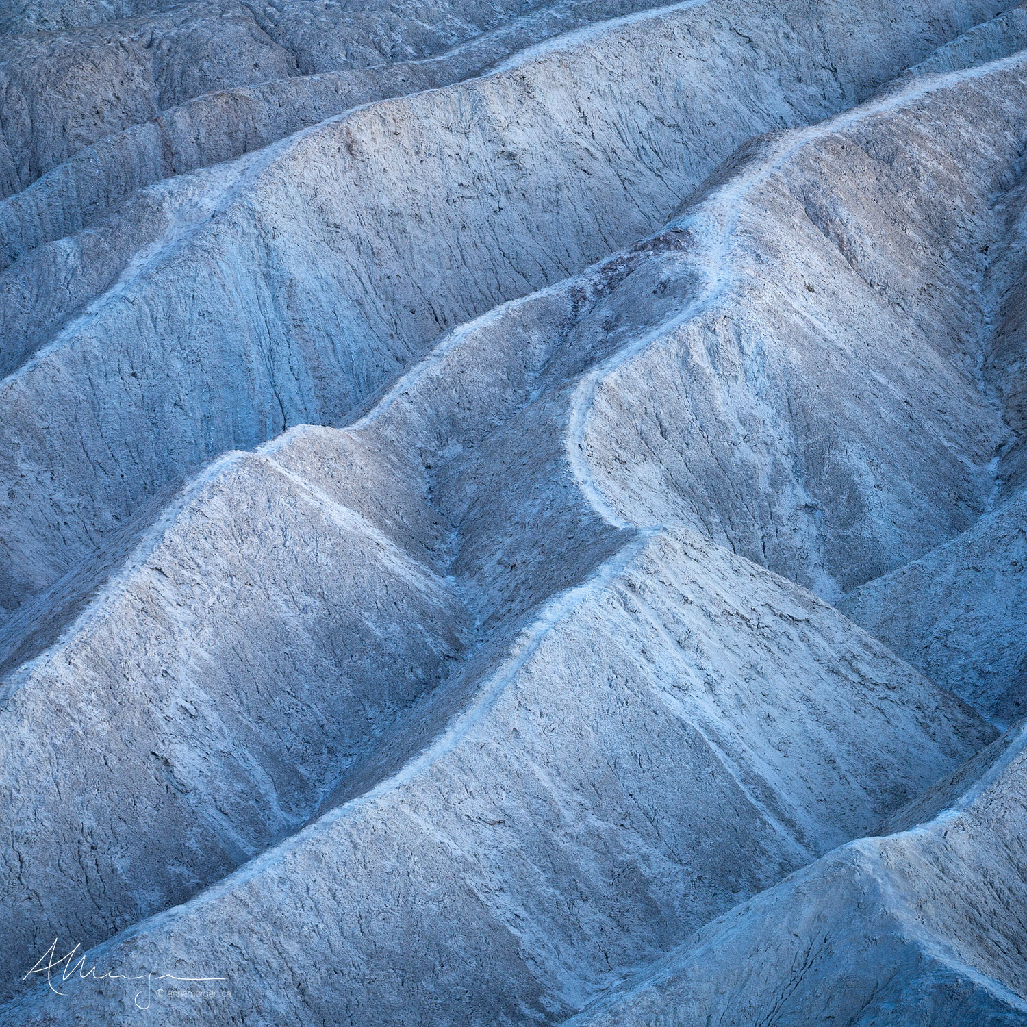 Close up view of geological formations at Zabriskie point during blue hour, Death Valley