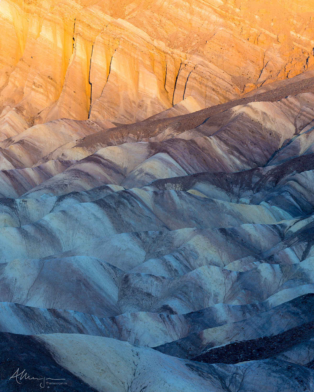 Close up view of geological formations at Zabriskie point at sunrise
