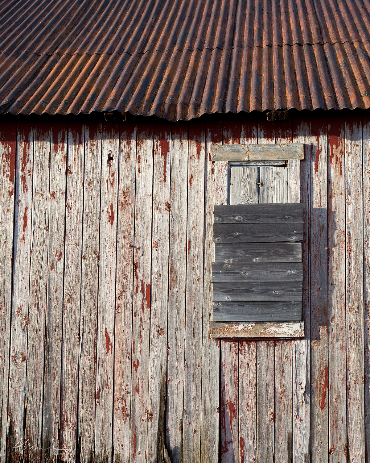 Rotting wooden panels and a rusty corrugated rood on an abandoned building in Lofoten, Norway