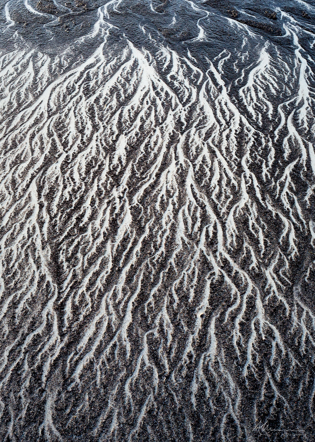 Black and white sand on a Norwegian beach form patterns that look like running ink